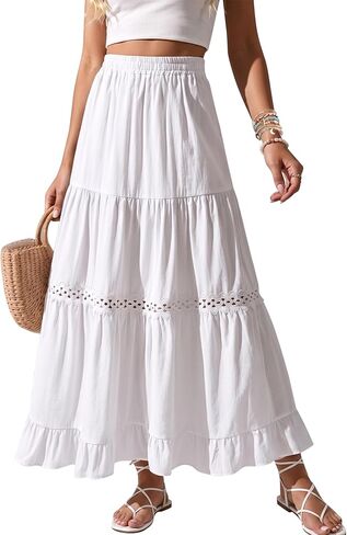 Women's Long Maxi Skirt Boho Cotton Lace Trim Flowy Ruffle Skirts 2026 Trendy Beach Vacation Outfits in Saudi Arabia
