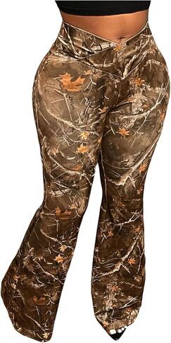 SweatyRocks Women's Plus Size Flare Leg Skinny Pants High Waisted Camo Leggings Bootcut Bell Bottom in Kuwait