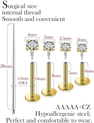 Msndnkwo 316L الفولاذ الجراحي ميدوسا ثقب المجوهرات | 16G خيط داخلي مسطح الظهر ترصيع Labret | مجموعة أقراط مونرو ليب تراغوس هيليكس الغضروفية | 6 مللي متر-12 مللي متر + قمم تشيكوسلوفاكيا in Kuwait