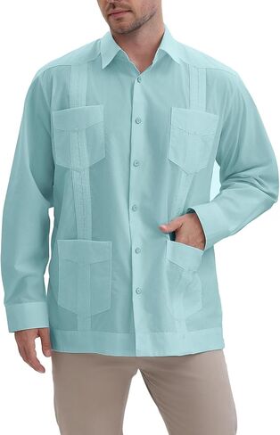 قمصان MAXJON الرجالية Guayabera للرجال بأكمام طويلة قمصان كوبية بأزرار خاطفة قمصان Guayabera المكسيكية بأربعة جيوب in Kuwait