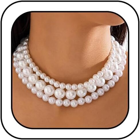 Layered Boho Chunky Pearl Choker Necklace for Women, Bohemia Vintage Thick Round Oval Pearls Pendant Chain Necklace Exquisite Party Prom Y2k Jewelry in Saudi Arabia