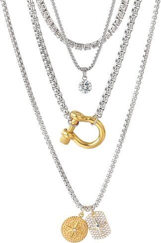 Layered Necklaces for Women 4 Set,18K Gold Plated Link Chain Stainless Steel Lightning Lock Cuban Choker Chunky Two Tone Necklace Stacked Chain Trendy Statement Jewelry Gift in Saudi Arabia