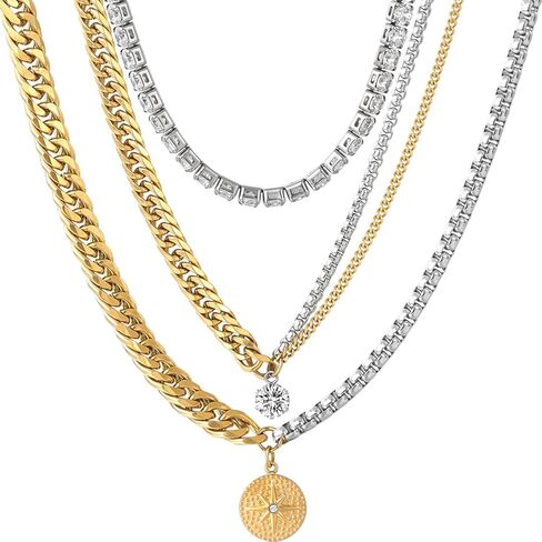 Layered Necklaces for Women 4 Set,18K Gold Plated Link Chain Stainless Steel Lightning Lock Cuban Choker Chunky Two Tone Necklace Stacked Chain Trendy Statement Jewelry Gift in Saudi Arabia