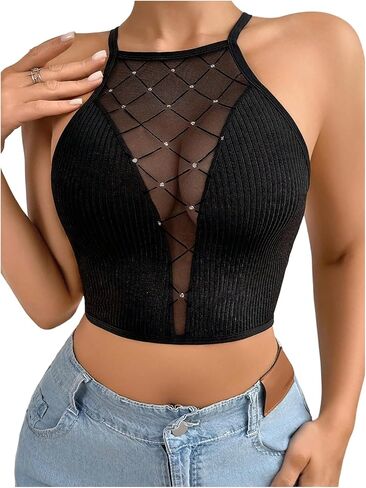 SOLY HUX Bras for Women Mesh Rhinestone Wireless Bra Criss Cross Back Sheer Comfort Bralette in Saudi Arabia