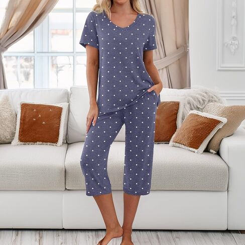 Women's Pajama Set Short Sleeve Shirt and Capri Pants Sleepwear Pjs Sets with Pockets in Saudi Arabia
