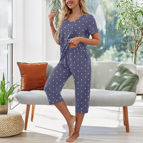 Women's Pajama Set Short Sleeve Shirt and Capri Pants Sleepwear Pjs Sets with Pockets in Saudi Arabia