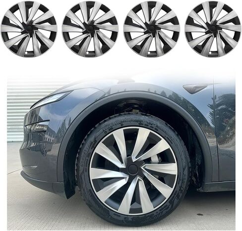 يناسب أغطية عجلات Tesla New Model Y Juniper مقاس 19 بوصة، 4 أغطية في كل عبوة، مصنوعة من مادة ABS القوية من البولي كربونات، استبدال ملحقات R19، نمط توربين، فضي أسود in Kuwait