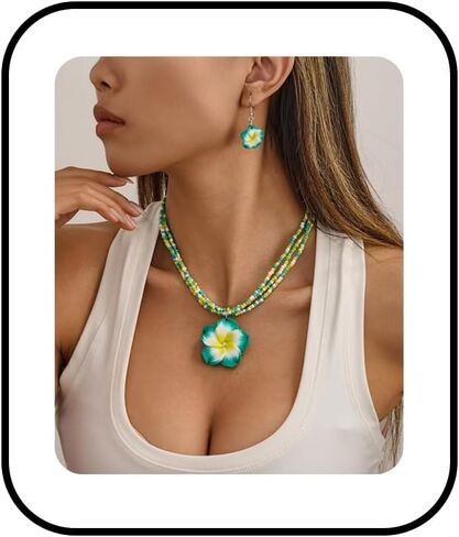 Bestleey Layers Pumeria Rubra Necklace Earrings Set for Women Boho Colorful Beaded Necklace Hawaiian Flowers Dangle Earrings Necklaces Beach Vacation Party Jewelry Set in Saudi Arabia