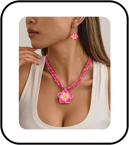 Bestleey Layers Pumeria Rubra Necklace Earrings Set for Women Boho Colorful Beaded Necklace Hawaiian Flowers Dangle Earrings Necklaces Beach Vacation Party Jewelry Set in Saudi Arabia