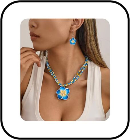 Bestleey Layers Pumeria Rubra Necklace Earrings Set for Women Boho Colorful Beaded Necklace Hawaiian Flowers Dangle Earrings Necklaces Beach Vacation Party Jewelry Set in Saudi Arabia