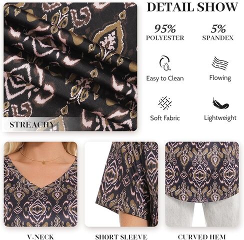 Women Boho V Neck Tunic Tops Floral Printed Short Sleeve Summer Shirts Plus Size Loose Fit Dressy Casual Blouses in Saudi Arabia
