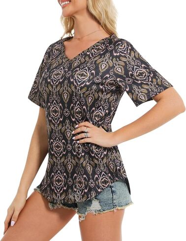 Women Boho V Neck Tunic Tops Floral Printed Short Sleeve Summer Shirts Plus Size Loose Fit Dressy Casual Blouses in Saudi Arabia