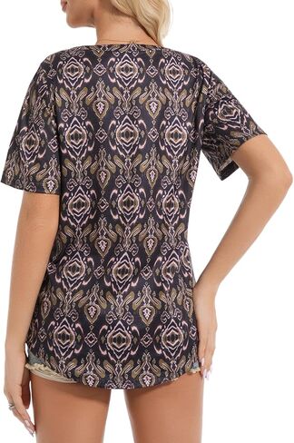Women Boho V Neck Tunic Tops Floral Printed Short Sleeve Summer Shirts Plus Size Loose Fit Dressy Casual Blouses in Saudi Arabia