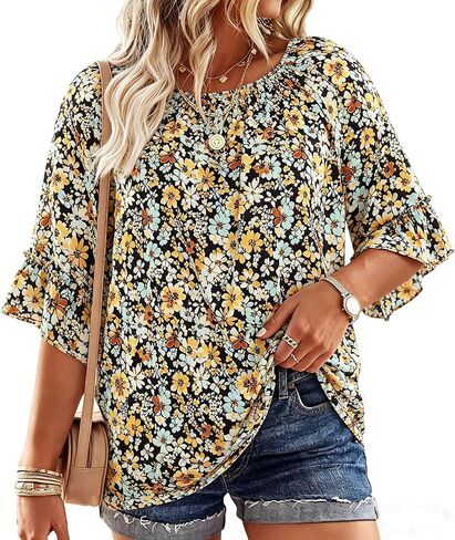 Halife Plus Size Tops for Women 3/4 Ruffle Sleeve Shirts Dressy Casual Pleated Crew Neck Tunic Blouses XL-5X in Saudi Arabia