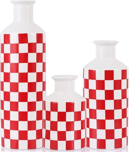 Black and White Ceramic Vase Set 3,Mid Century Modern Checkered Small Vases for Flower&Pampas Grass Centerpiece,Checkered Porcelain Vase for Dining Table Kitchen Tabletop Minimalist Decorative (Black) in Saudi Arabia