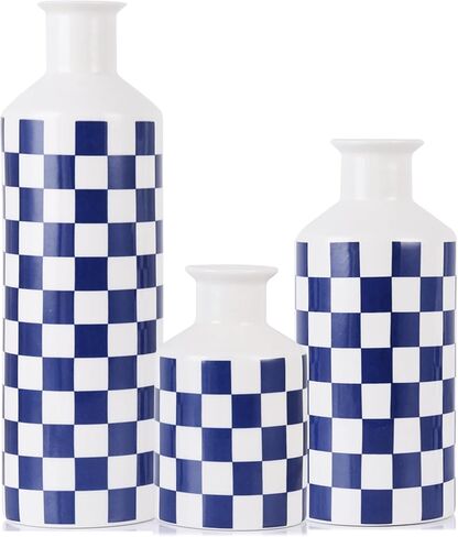 Black and White Ceramic Vase Set 3,Mid Century Modern Checkered Small Vases for Flower&Pampas Grass Centerpiece,Checkered Porcelain Vase for Dining Table Kitchen Tabletop Minimalist Decorative (Black) in Saudi Arabia
