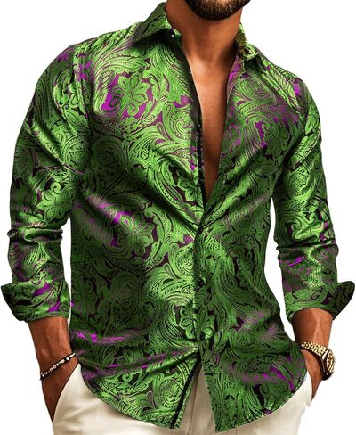Barry.Wang Emerald Green Men Shirts Silk Paisley Long Sleeve Button Down Dress Shirt Vintage Cowboy Party Casual Western in Saudi Arabia