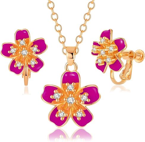 EVEVIC Flower Pendant Necklace Clip On Earrings Set for Women 14K Gold Plated Hypoallergenic Cherry Blossom Floral Jewelry Sets in Saudi Arabia
