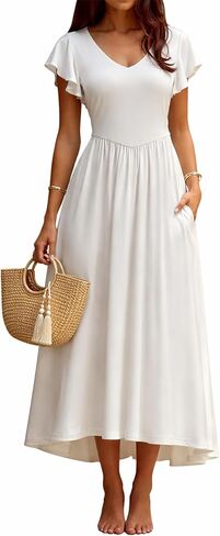 فستان YUNDAI النسائي ذو الرقبة الواسعة والأكمام المرفرفة فستان متوسط ​​الطول أنيق واسع على شكل حرف A ورباط خلفي in Kuwait