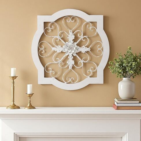 Sintosin Vintage Wrought Iron Wall Decor 22", Hanging Farmhouse Distressed White Metal Scroll Wall Decor, Wood Frame and Metal Flower Wall Art Decor for Living Room Entryway Hallway in Saudi Arabia