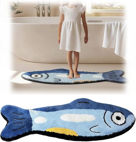 Cute Fish Bath Mat for Bathroom,Non-Slip Absorbent Bathroom Fish Rug,Fun Bath Mat can be Machine Washed 47.2" x 15.7" (Blue) in Saudi Arabia