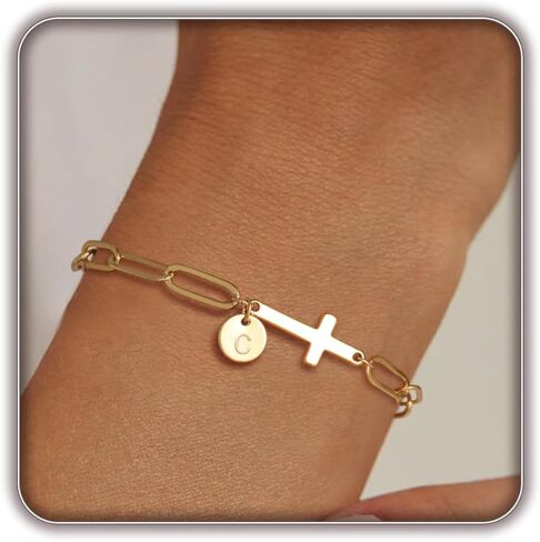 Gold Bracelets for Women,14K Gold-Plated Dainty A-Z Letter Cross Initial Bracelet for Women, Hypoallergenic Paperclip Chain Bracelets Fashion Accessories Religious Christian Gift in Saudi Arabia