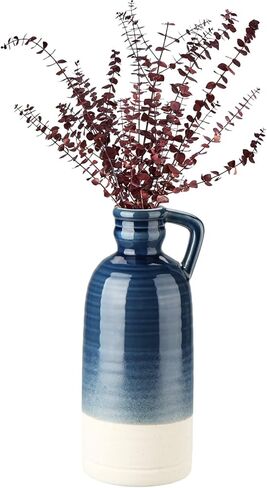 Ceramic Rustic Farmhouse Vase, 9 inch Ceramic Blue and White Vase for Centerpieces Pampas Grass Pottery Jug with Handle Boho Chinoiserie Decor Vintage Vases for Living Room Kitchen Dinner Table Shelf in Saudi Arabia