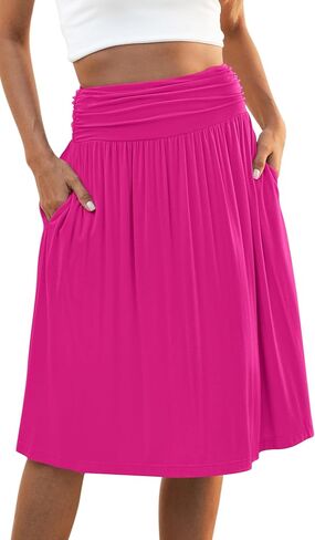 Naggoo المرأة الصيف مرونة عالية الخصر ميدي التنانير Flowy ألين مطوي تنورة طول الركبة مع جيوب S-XXXL in Kuwait