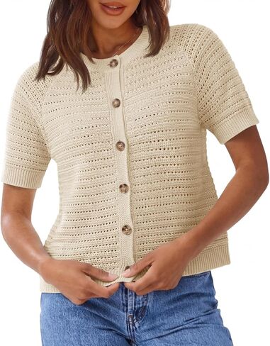 Saodimallsu Womens Crochet Cardigans Short Sleeve Button Down Knit 2026 Summer Casual Crew Neck Sweater Tops in Saudi Arabia