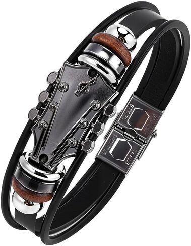3 Colors Retro Guitar PU Leather Wrap Bracelet Punk Multilayered Rock Music Wrist Cuff Ethnic Tribal Stackable Braided Leather Cord Wristband Bangle for Men Musical Enthusiast Gift in Saudi Arabia