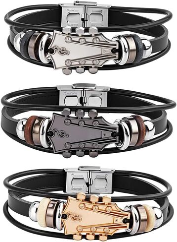 3 Colors Retro Guitar PU Leather Wrap Bracelet Punk Multilayered Rock Music Wrist Cuff Ethnic Tribal Stackable Braided Leather Cord Wristband Bangle for Men Musical Enthusiast Gift in Saudi Arabia