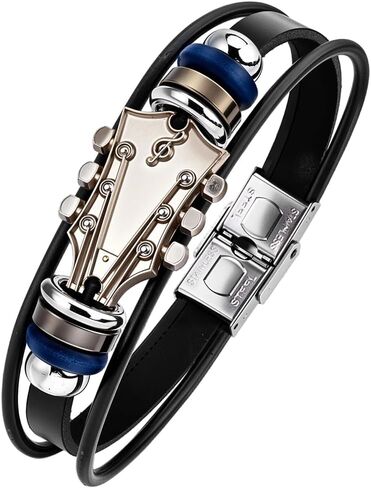 3 Colors Retro Guitar PU Leather Wrap Bracelet Punk Multilayered Rock Music Wrist Cuff Ethnic Tribal Stackable Braided Leather Cord Wristband Bangle for Men Musical Enthusiast Gift in Saudi Arabia
