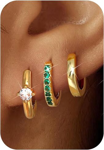 LOYALLOOK 3Pairs Gold Hoop Earrings Set for Women Trendy Huggie Hoop Earrings Stacks for Multiple Piercing 14K Gold Plated Chunky Hoop Earrings Set Hypoallergenic Cartilage Earring Lightweight in Saudi Arabia