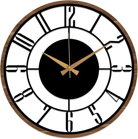 Metal Large Wall Clock, Black Metal with Wood Non Ticking, Silent Battery Operated Clocks for Home Living Room Farmhouse Kitchen Office Dining Room, Modern Round Wall Clock Decor, Housewarming Gift in Kuwait