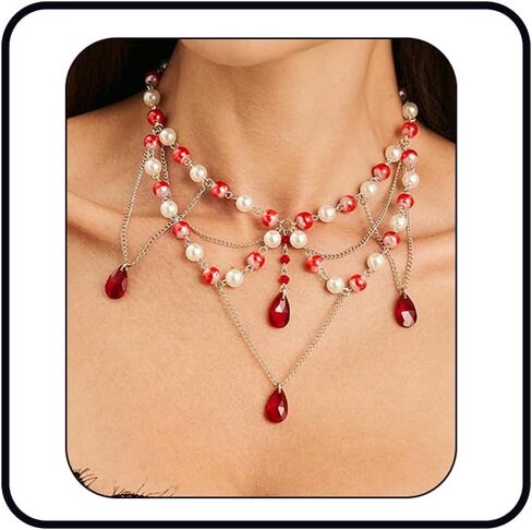 Gothic Dripping Blood Pearl Necklace for Women Layered Pearl Choker Necklace Punk Halloween Necklaces Halloween Party Vampire Costume Accessory in Saudi Arabia