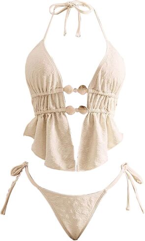 Verdusa Women's 2 Piece Beaded Halter Tankini Swimsuits Self Tie Slit Asymmetrical Tops with Panty in Saudi Arabia