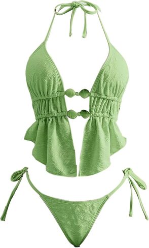 Verdusa Women's 2 Piece Beaded Halter Tankini Swimsuits Self Tie Slit Asymmetrical Tops with Panty in Saudi Arabia