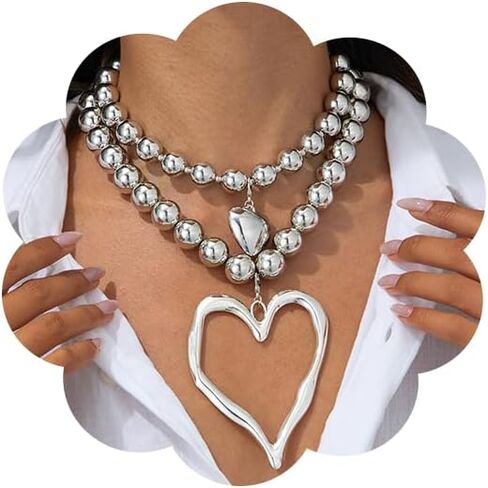 Chunky Heart Necklace for Women,Y2k Large Pearl Beads Heart Choker Necklaces Exaggerated Big Hollow Love Pendant Necklace Dainty Statement Jewelry Gift in Saudi Arabia