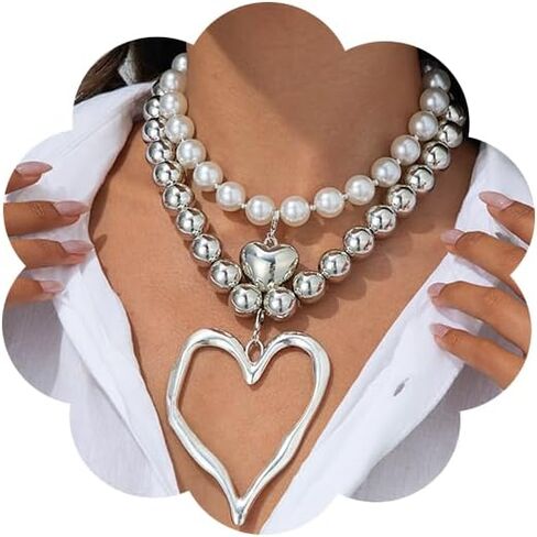 Chunky Heart Necklace for Women,Y2k Large Pearl Beads Heart Choker Necklaces Exaggerated Big Hollow Love Pendant Necklace Dainty Statement Jewelry Gift in Saudi Arabia