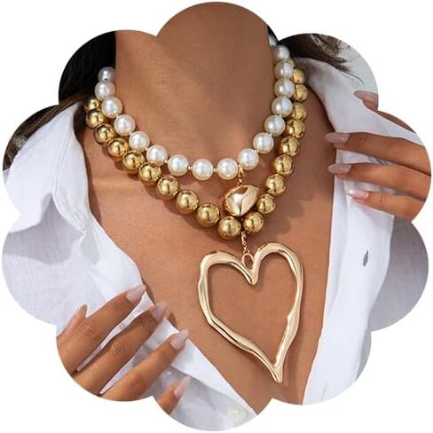 Chunky Heart Necklace for Women,Y2k Large Pearl Beads Heart Choker Necklaces Exaggerated Big Hollow Love Pendant Necklace Dainty Statement Jewelry Gift in Saudi Arabia