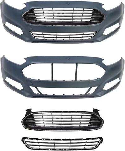 Front Bumper Cover Assembly Compatible with 2017-2018 Ford Fusion, with Upper Lower Mesh Grille & Fog Lights Kit, Gray (Excludes Fusion Sport & Park Assist) in Saudi Arabia