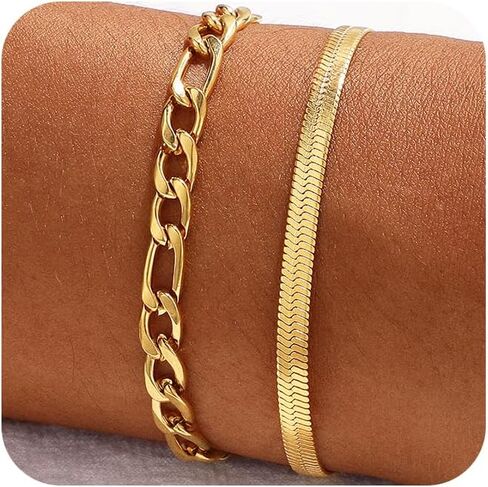 Gold Bracelets for Women Non Tarnish Trendy 14K Gold Plated Dainty Stackable Bracelet Stack Waterproof Lightweight Fashion Cute Jewelry Gift for Women 6.3-7.9 Inches in Saudi Arabia