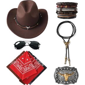 8 PCS Western Cowboy Costume Outfit for Men Cowboy Hat Belt Neck Gaiter Face Cover Accessories for Halloween Party Cosplay in Kuwait