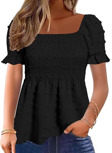 Flamingals Women's Peplum Tops Short Ruffle Sleeve Square Neck Smocked Flowy Blouse in Kuwait