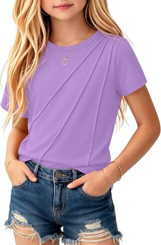 Girls Pleated Short Sleeve T-Shirts Kids Loose Fit Crewneck Shirts Casual Summer Tops Tees Basic Clothes 5-14 Years in Saudi Arabia