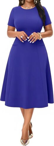 فساتين Nmoder كاجوال متوسطة الطول للنساء بأكمام قصيرة وفستان واسع على شكل حرف A ورقبة دائرية مع جيب in Kuwait