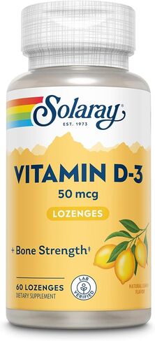 SOLARAY فيتامين D3 معينات 50mcg - 2000IU فيتامين D3 - عظام قوية ودعم العضلات والمناعة - نكهة الليمون الطبيعية - تم التحقق منها معمليًا، ضمان لمدة 60 يومًا - 60 وجبة، 60 قرص استحلاب in Kuwait