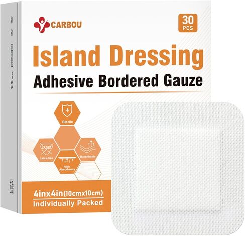 Carbou Island Dressing Bordered Gauze 4"x10" - 25 Sterile Individually Wrapped Pads | Non-Stick Center with Water-Resistant Adhesive Border | Medical Grade Non-Woven Backing for Wound Care & First Aid in Saudi Arabia
