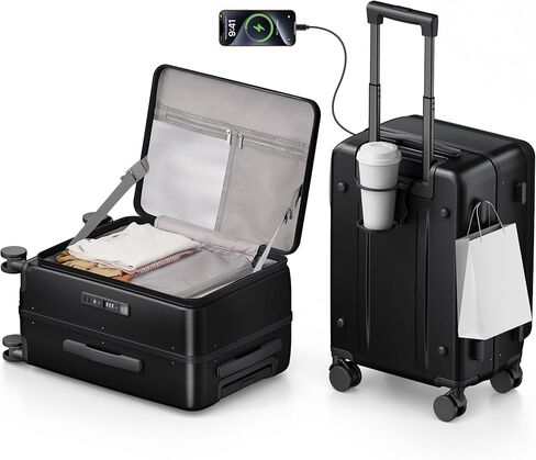 21IN Carry On Luggage Airline Approved - Top Opening Aluminum Frame Hardside 100% PC Suitcase -with TSA Lock,Cup Holder,USB Charge,Side Pothook, 360°Spinner Wheels-Navy Blue in Kuwait