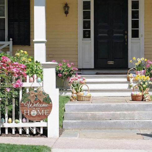 lyeasw علامة ترحيب عيد الفصح للباب الأمامي - أكاليل عيد الفصح ديكور معلق على الحائط لمخبز مقهى عطلة الربيع، زخارف أرنب خشبية لحفلة الشرفة الأمامية في الهواء الطلق (الأرنب والبيض) in Kuwait